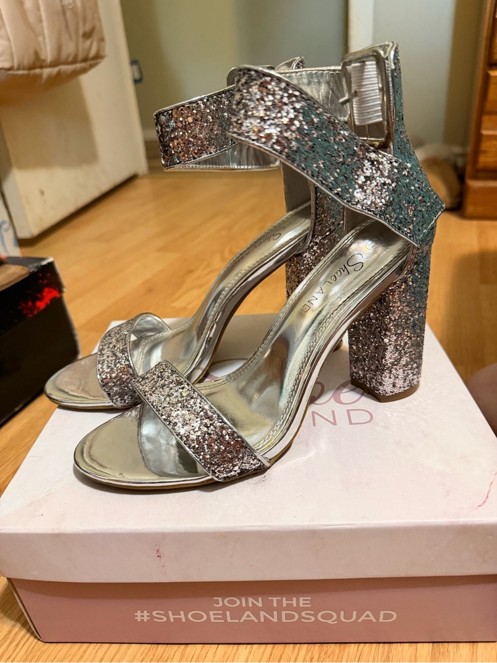 Silver Glitter Block Heel Sandals with Ankle Strap